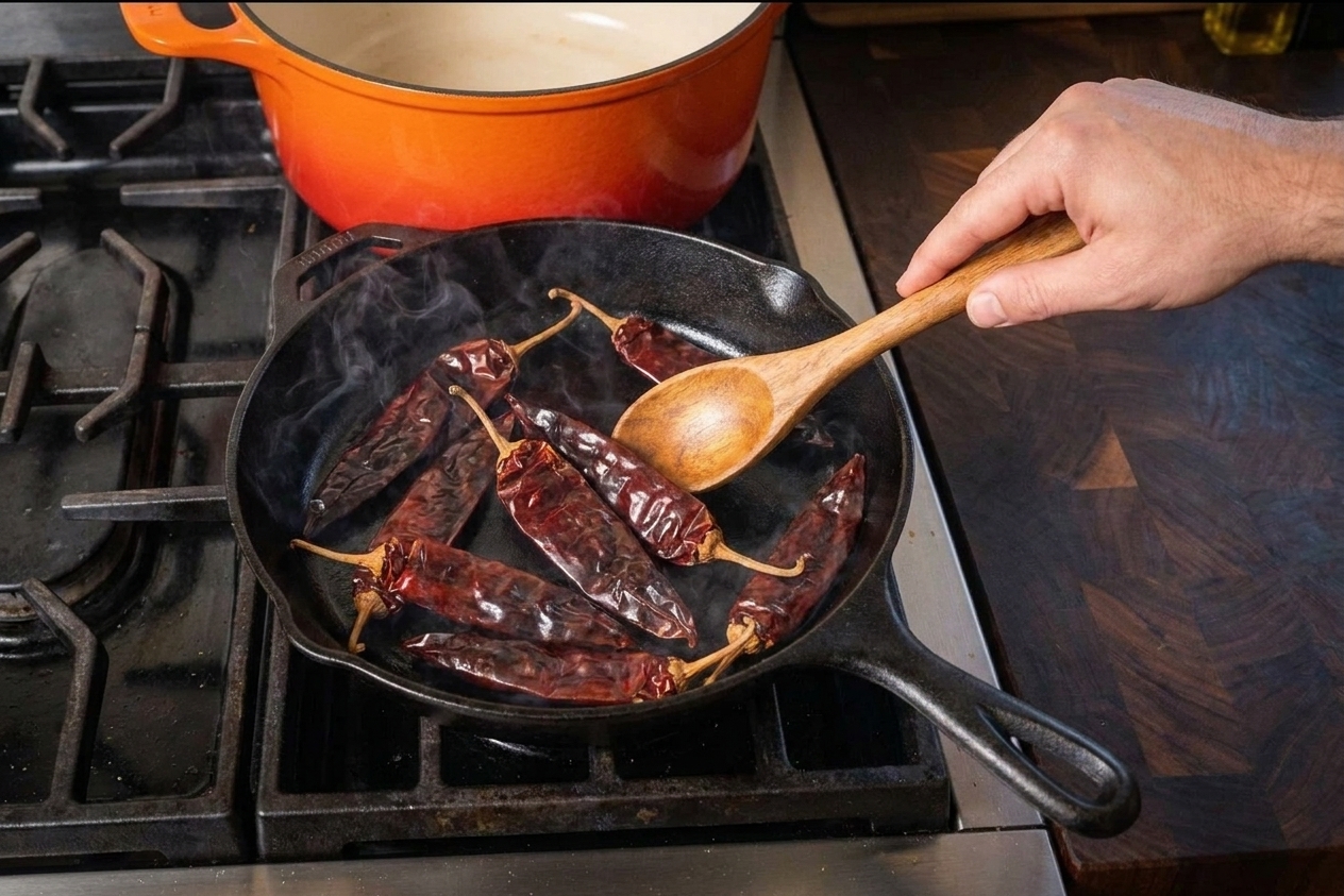 Dried guajillo chiles toasting in a cast iron skillet on a stovetop with a wooden spoon nearby