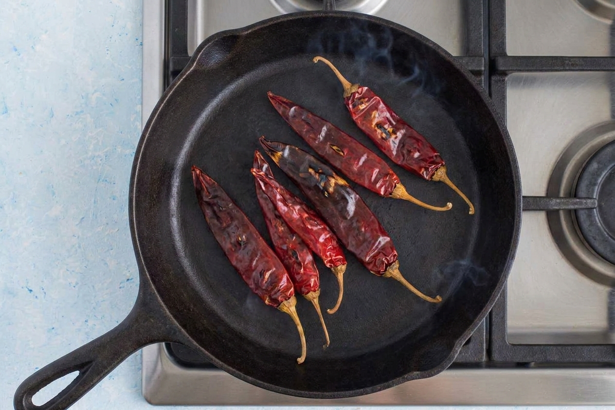 Dried guajillo chiles toasting in a dry skillet on a stovetop with light browning at the edges