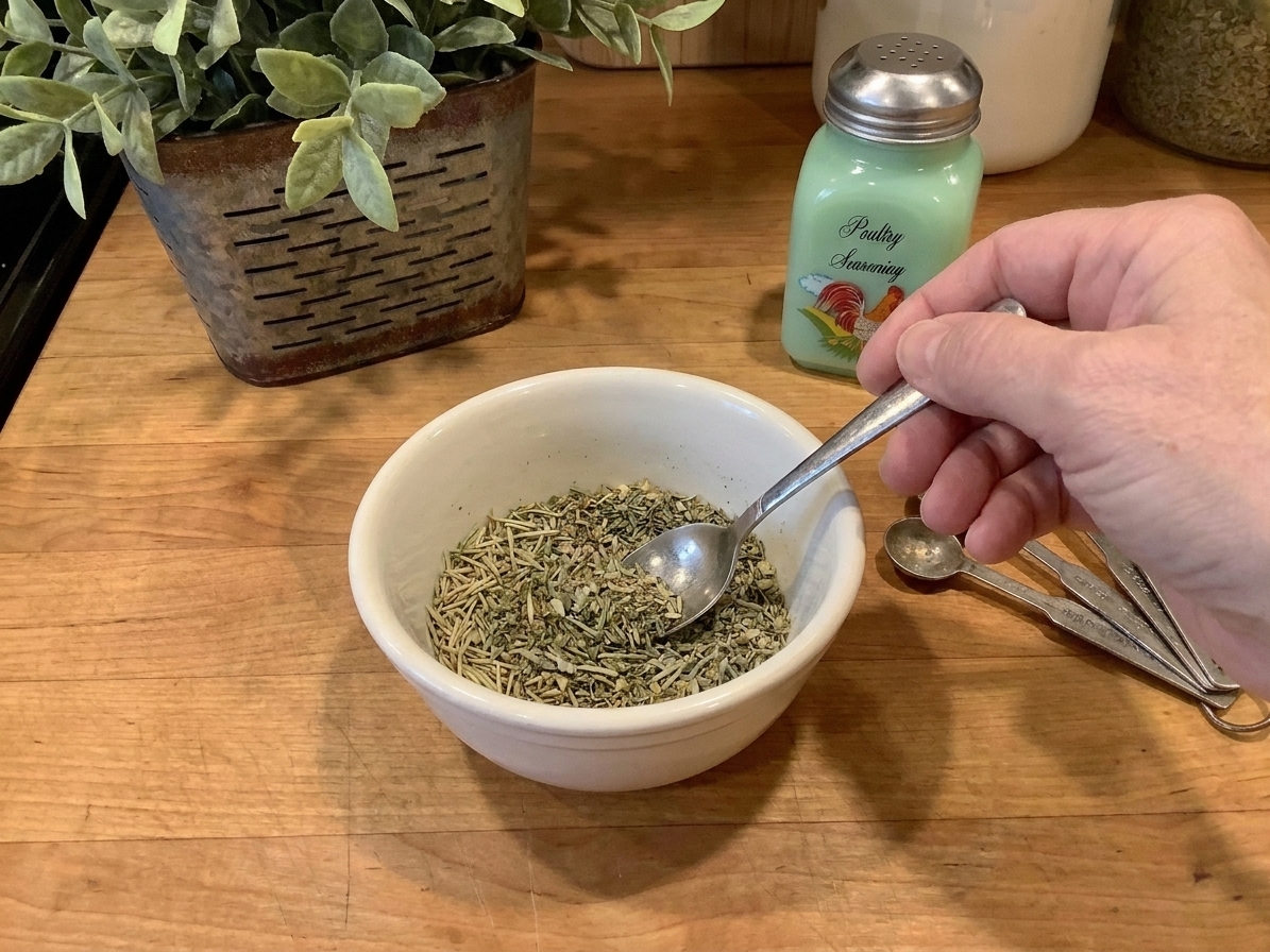 Dried herbs and spices being stirred together in a small ceramic bowl on a kitchen counter