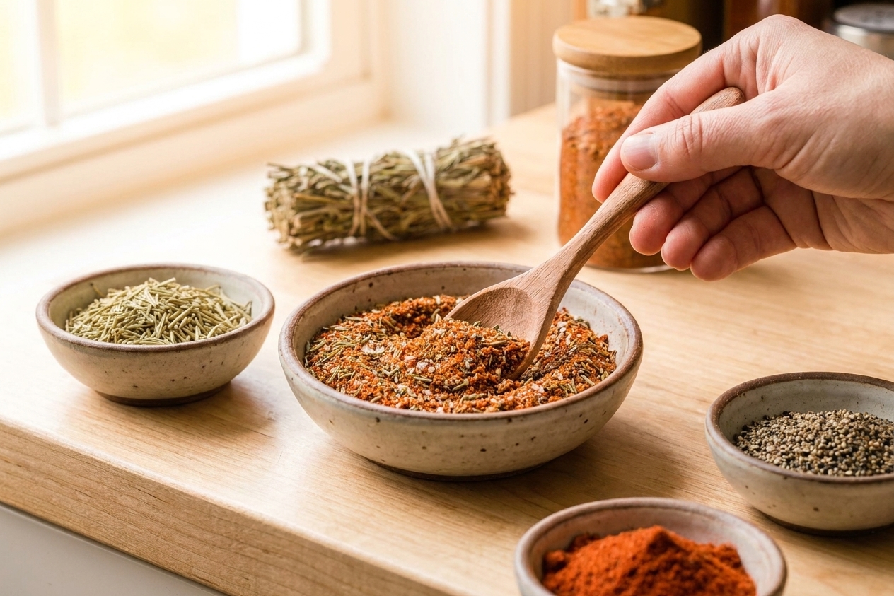 Dried herbs and spices being stirred together in a small bowl with a spoon on a kitchen counter