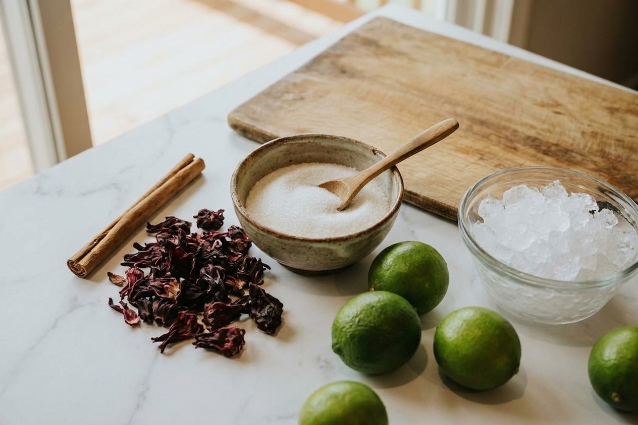 Dried hibiscus flowers, a cinnamon stick, sugar, limes, and a bowl of ice arranged on a home kitchen counter