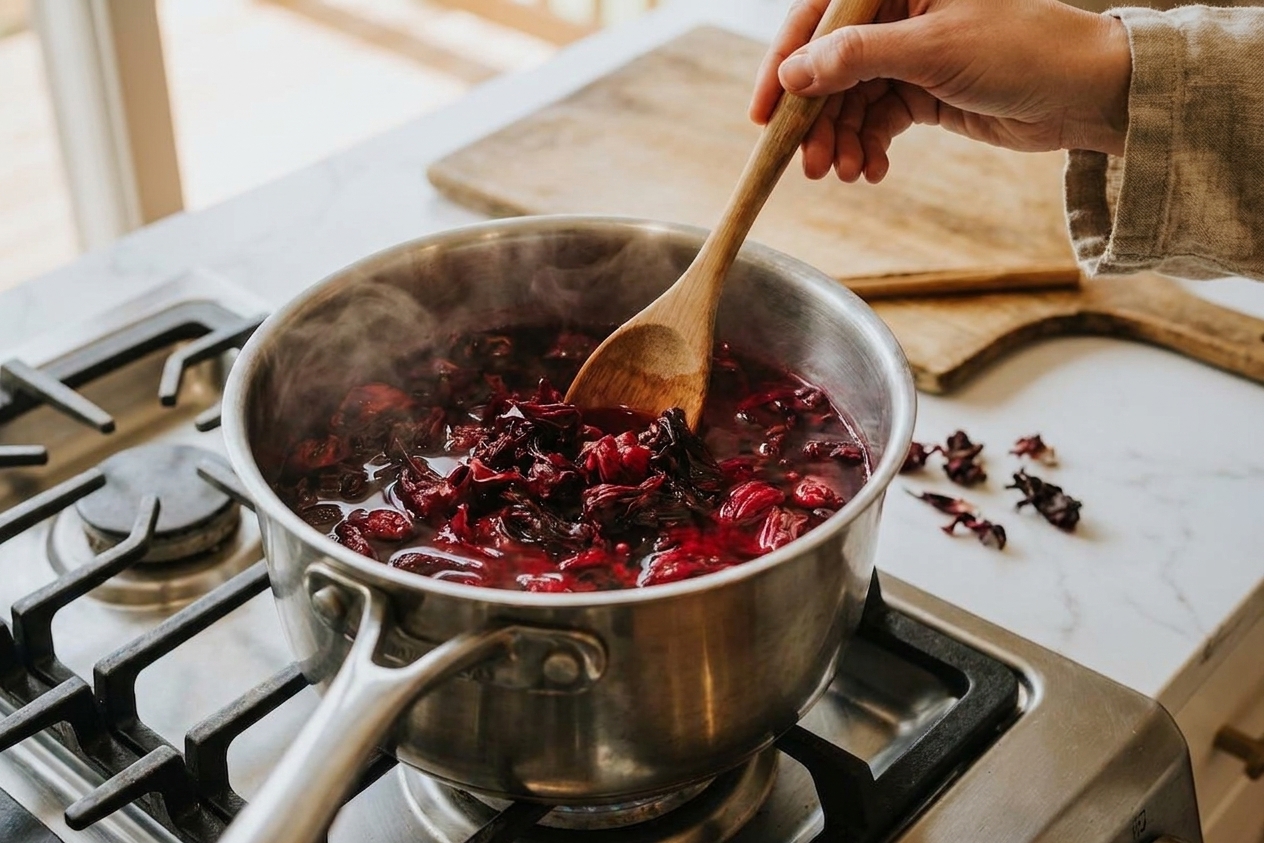Dried hibiscus flowers simmering in a saucepan on a stovetop, turning the water deep red