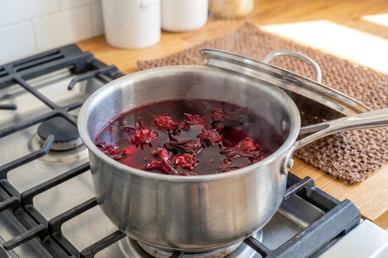 Dried hibiscus flowers steeping in a saucepan of hot water on a stovetop with a lid slightly ajar