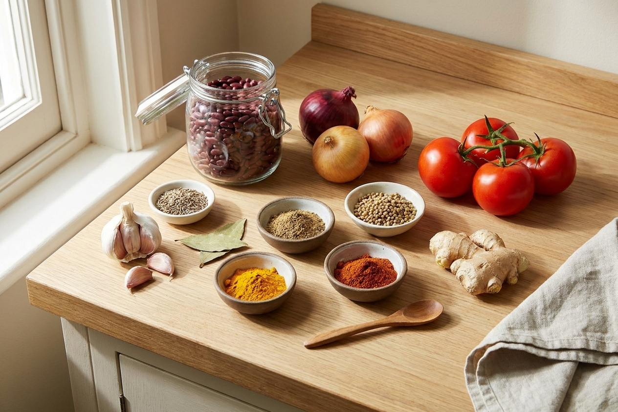 Dried kidney beans, onions, tomatoes, garlic, ginger, and small bowls of spices arranged on a bright kitchen counter with warm natural light