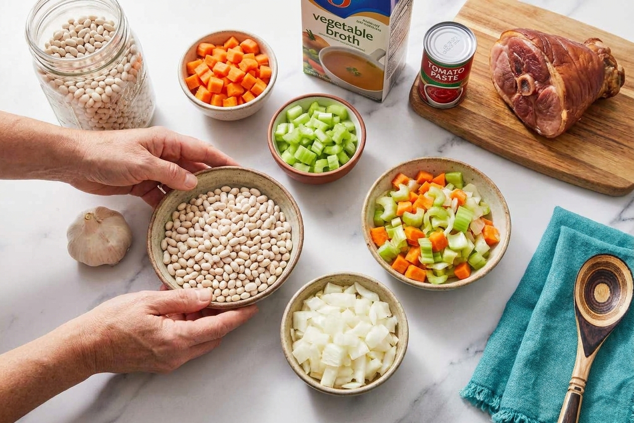 Dried navy beans, diced carrots, celery, onion, garlic, broth, tomato paste, and a ham hock arranged on a tidy kitchen counter in warm natural light