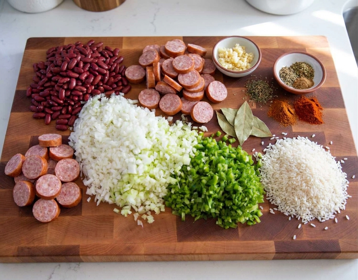 Dried red beans, smoked sausage, onion, celery, bell pepper, garlic, spices, bay leaves, and rice arranged on a bright kitchen counter