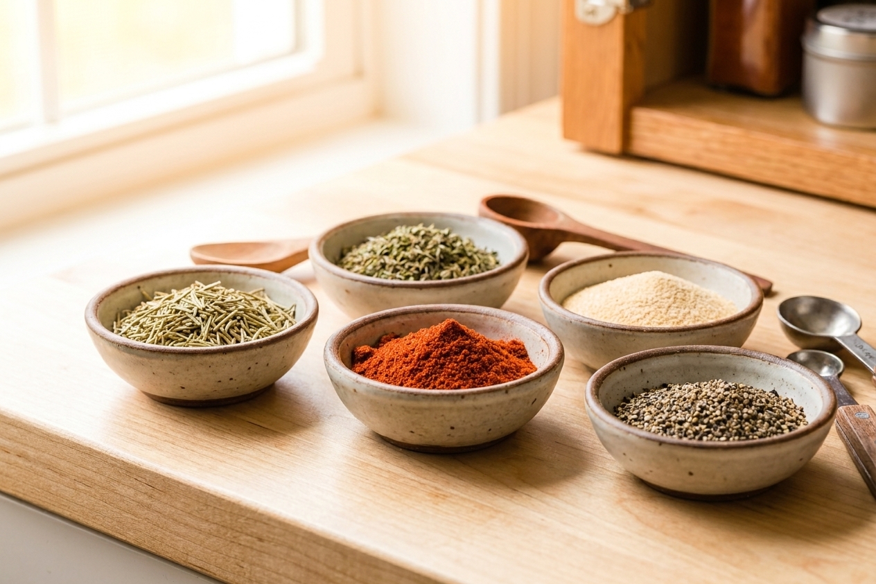 Dried rosemary, thyme, paprika, garlic powder, and black pepper arranged in small bowls with measuring spoons on a bright kitchen counter