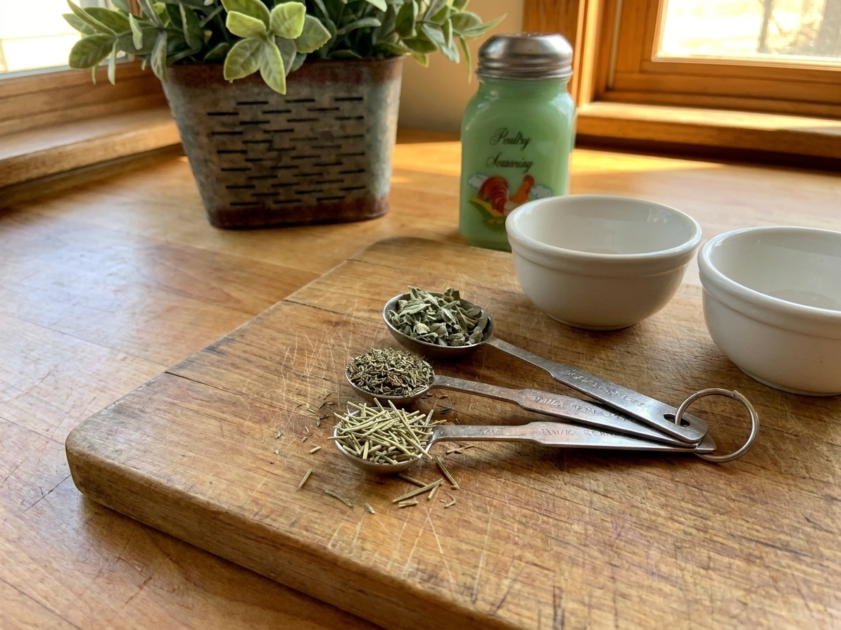 Dried sage, thyme, and rosemary in measuring spoons on a cutting board beside small spice bowls