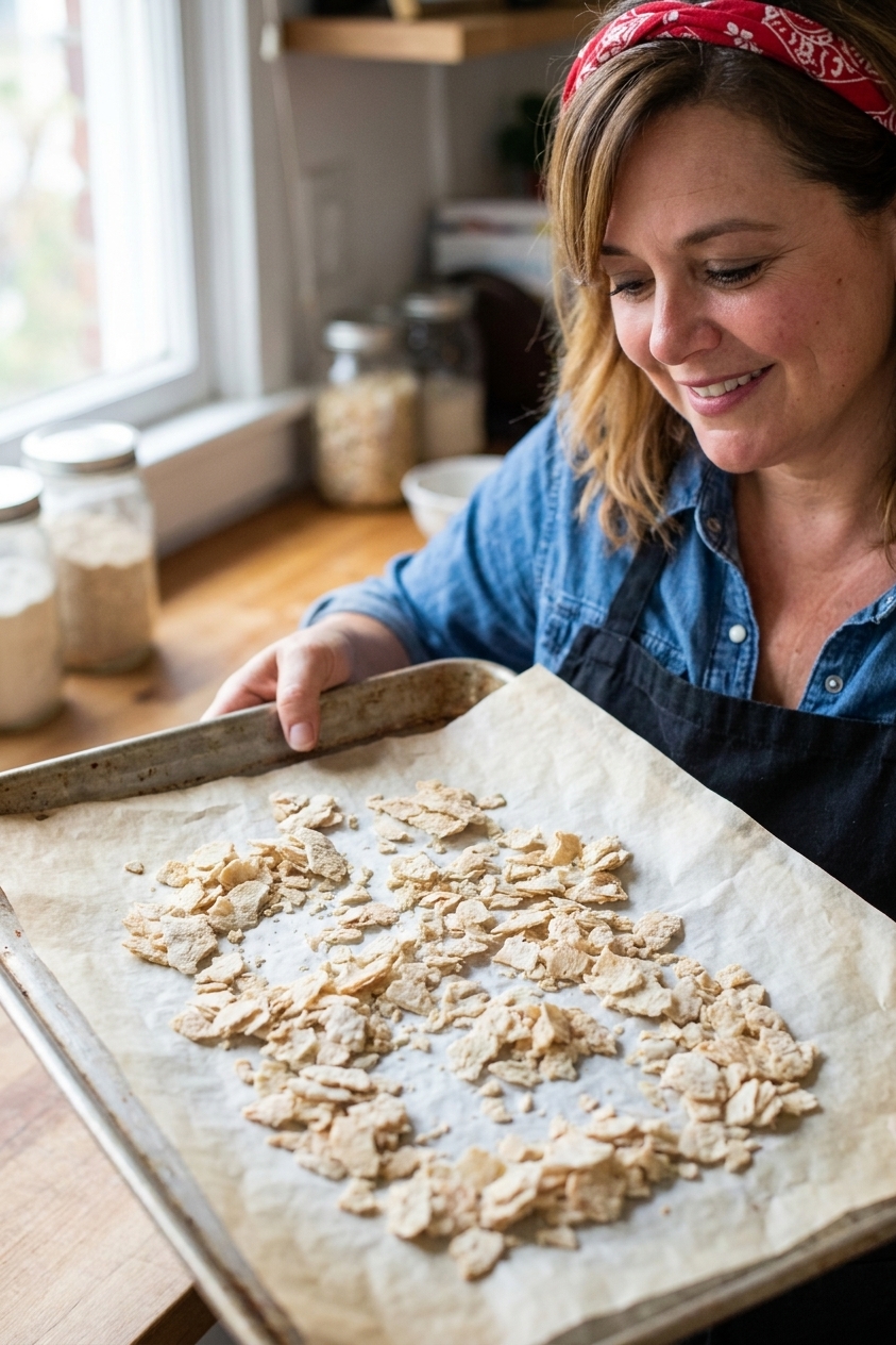 Dried sourdough starter flakes scattered on parchment paper on a baking sheet in a home kitchen, close-up food photo with natural light