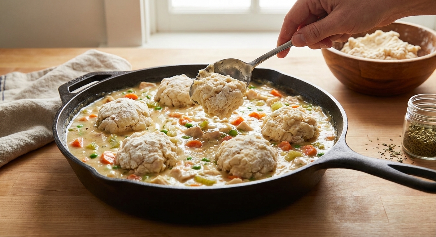 Drop biscuit dough being spooned onto a creamy chicken and vegetable filling in a 12-inch skillet before baking, real food photography style