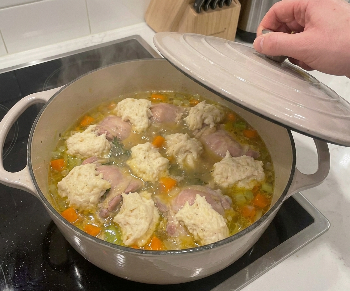 Drop dumplings floating on simmering chicken soup in a Dutch oven just before the lid goes on