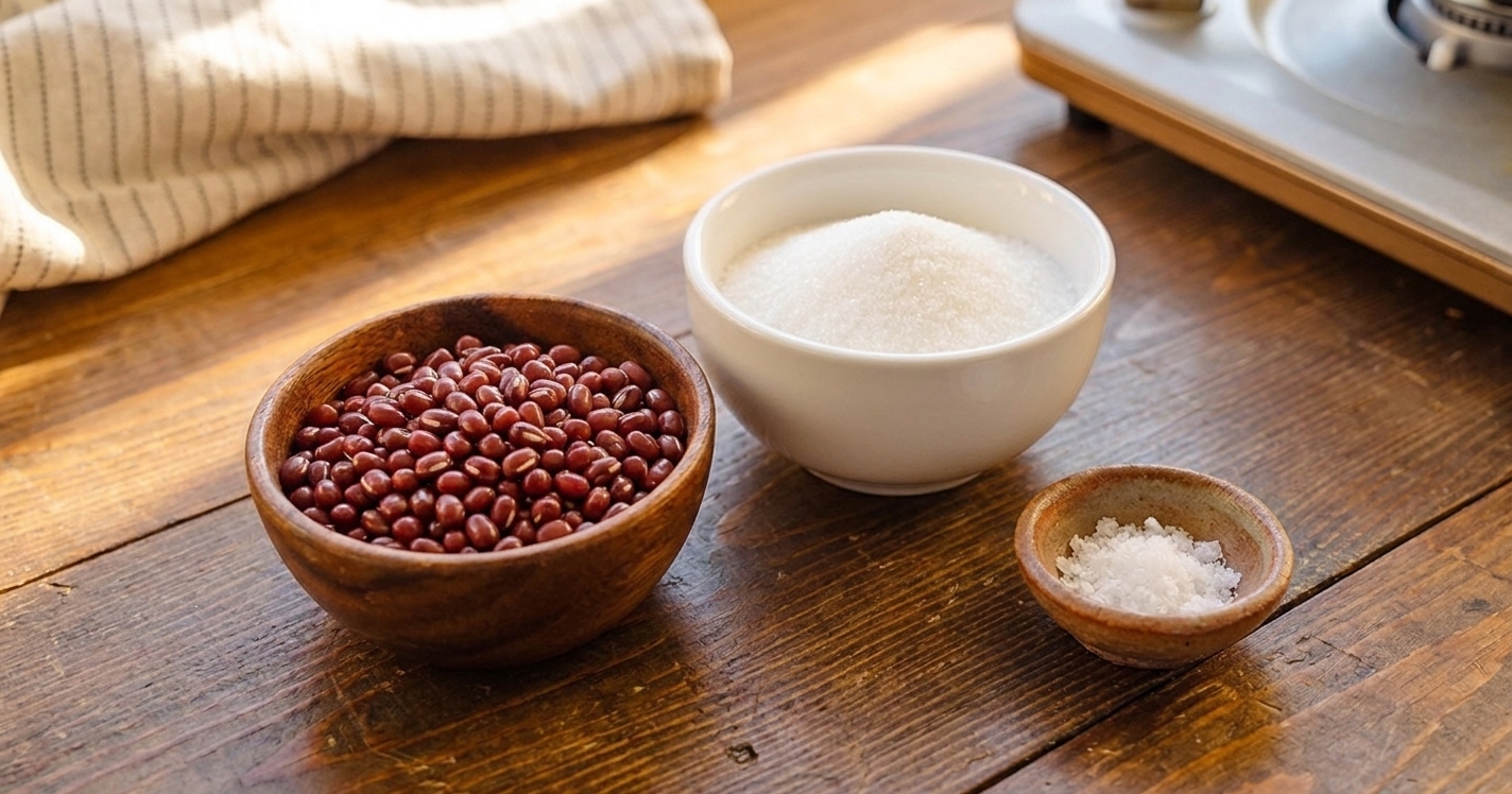 Dry azuki beans in a small bowl next to a bowl of sugar and a pinch bowl of salt on a bright kitchen counter