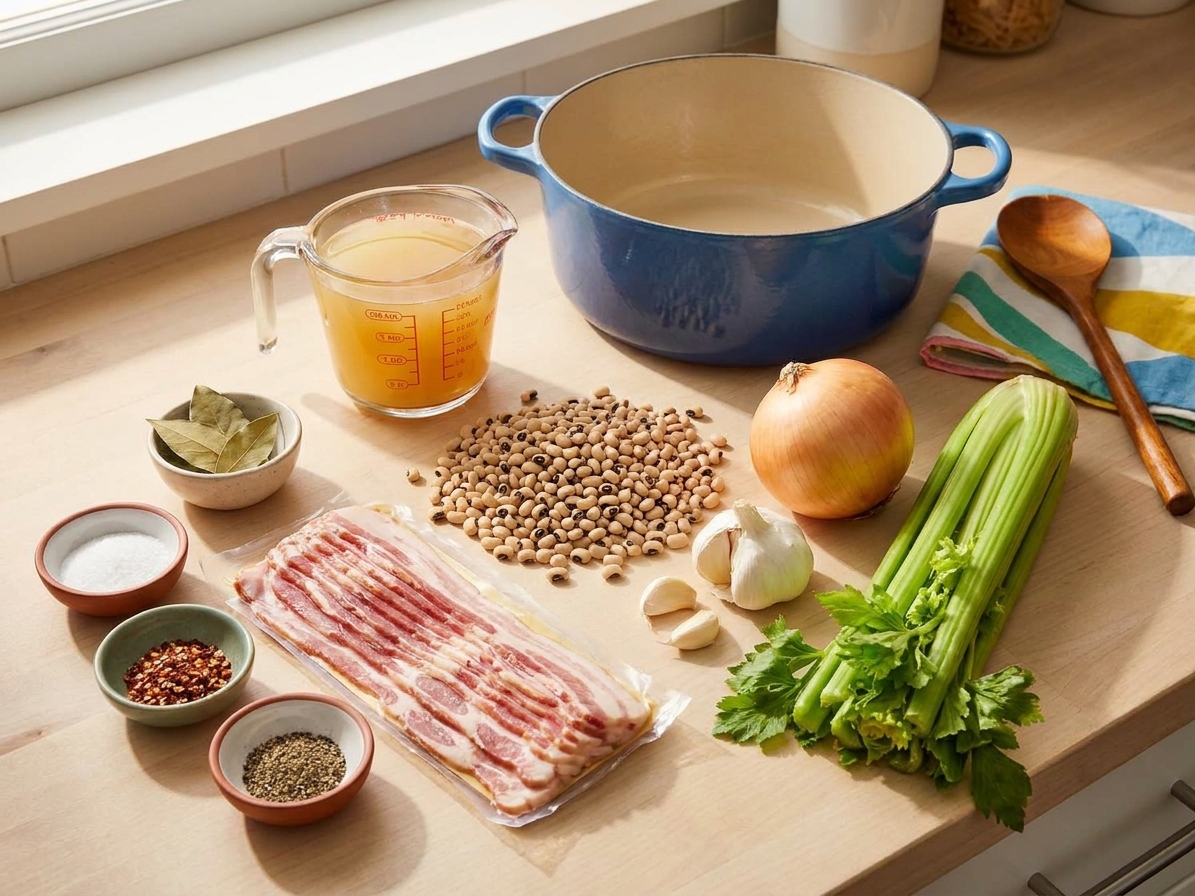 Dry black-eyed peas, bacon, onion, garlic, celery, broth, and spices arranged on a clean kitchen counter with warm overhead lighting
