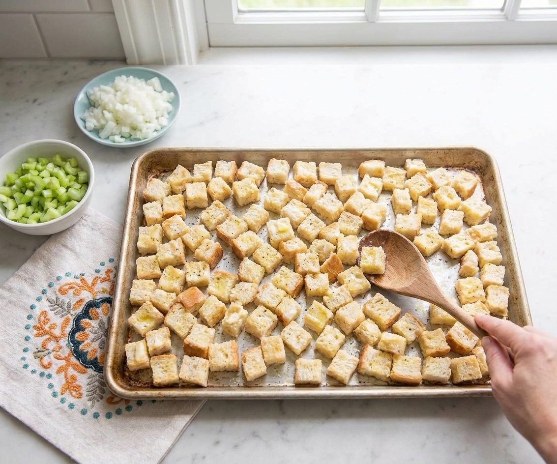 Dry bread cubes spread on a baking sheet ready for toasting in the oven