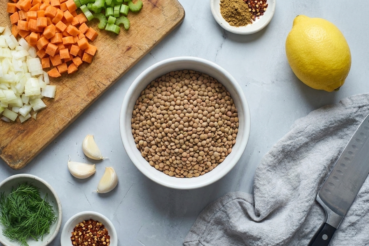 Dry brown lentils in a small bowl surrounded by chopped carrots, celery, onion, garlic, lemon, and spices on a bright kitchen counter