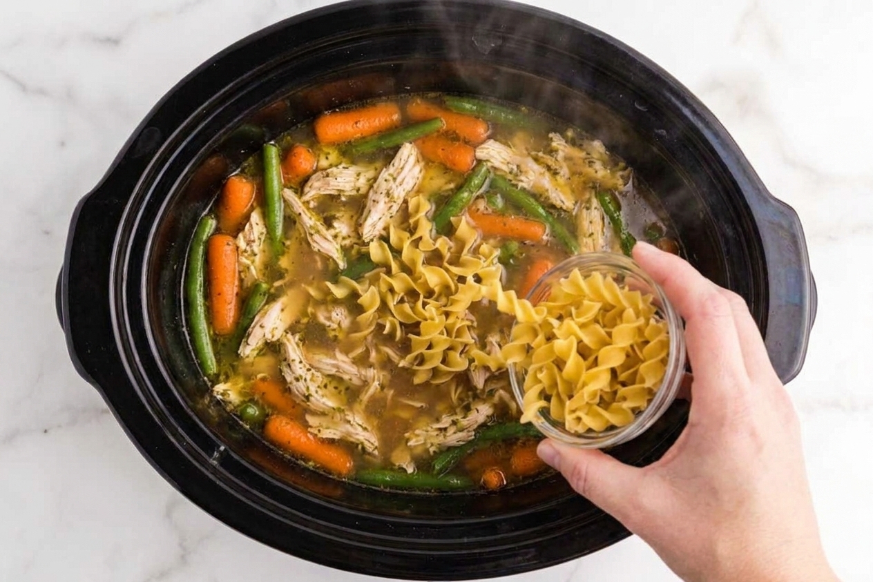 Dry egg noodles being sprinkled into hot chicken soup inside a slow cooker