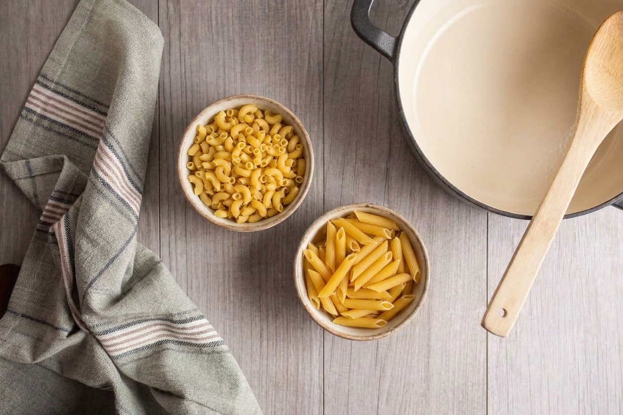 Dry elbow macaroni and dry penne pasta measured in two small bowls on a bright kitchen counter with a pot and wooden spoon nearby