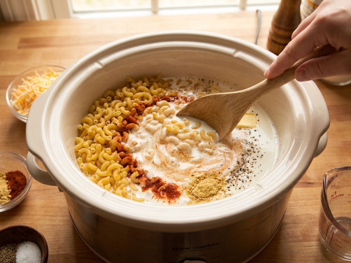 Dry elbow macaroni being stirred into milk and seasonings inside a slow cooker