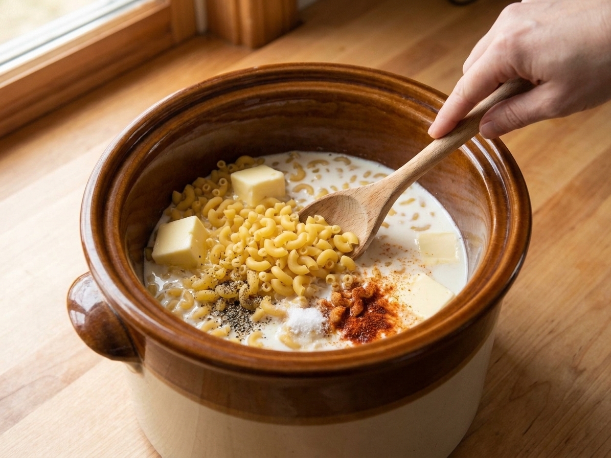 Dry elbow macaroni being stirred with milk, evaporated milk, butter, and seasonings inside a slow cooker insert