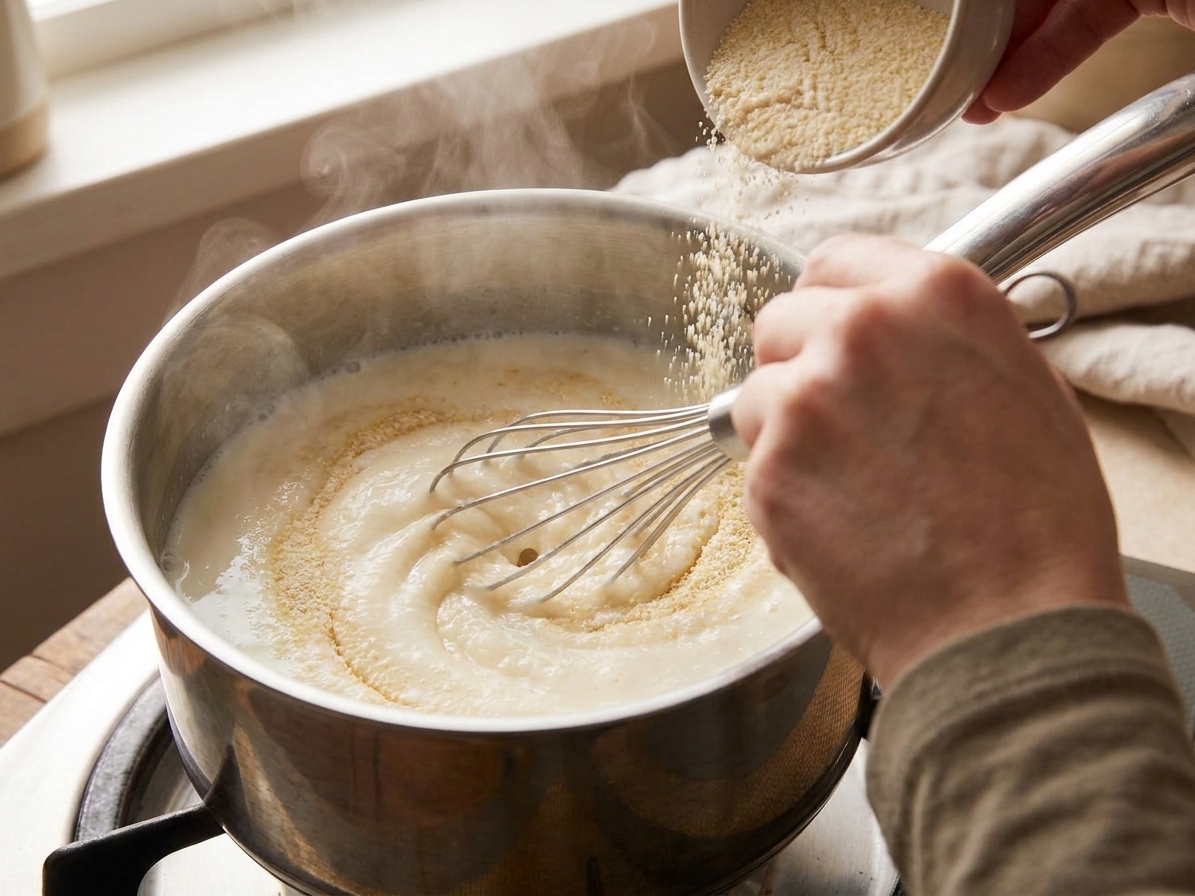 Dry farina being whisked into simmering milk in a saucepan, creating a smooth creamy mixture