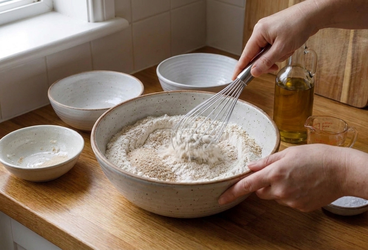 Dry gluten free bread ingredients being whisked together in a large mixing bowl on a kitchen counter