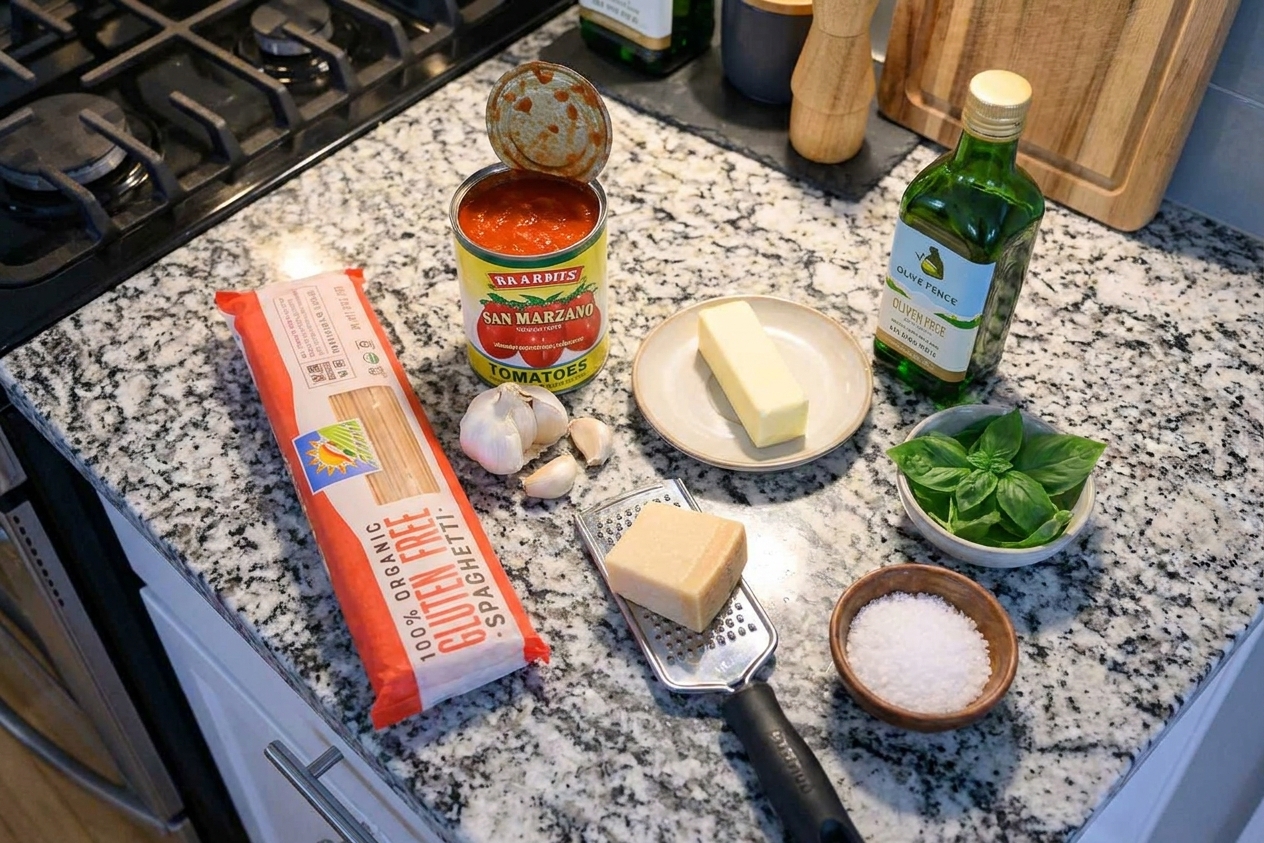 Dry gluten-free spaghetti, canned tomatoes, garlic, butter, olive oil, basil, Parmesan, and salt arranged on a clean kitchen counter in consistent warm lighting