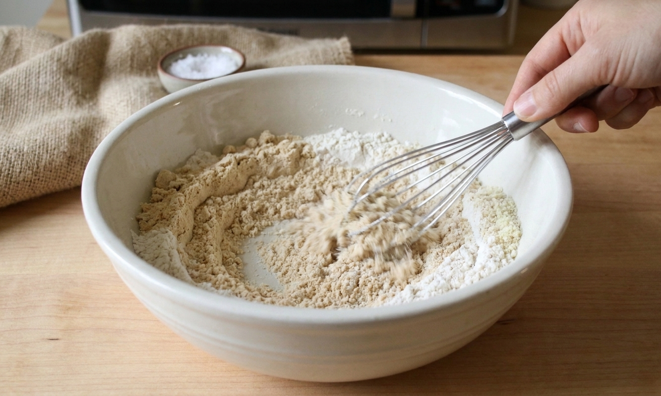 Dry ingredients being whisked in a ceramic mixing bowl on a kitchen counter, showing protein powder and flours blending together