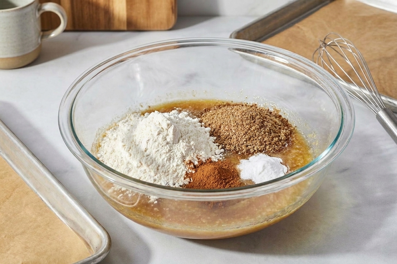 Dry ingredients including flour, ground flaxseed, cinnamon, and baking soda added on top of cookie dough in a mixing bowl
