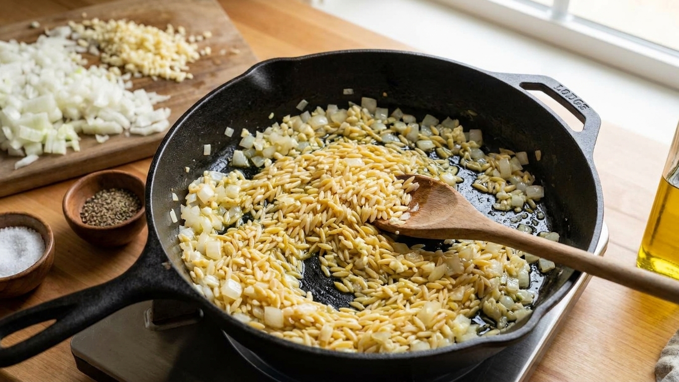 Dry orzo being stirred in a skillet with sautéed onions and garlic, grains lightly glossy from oil and butter