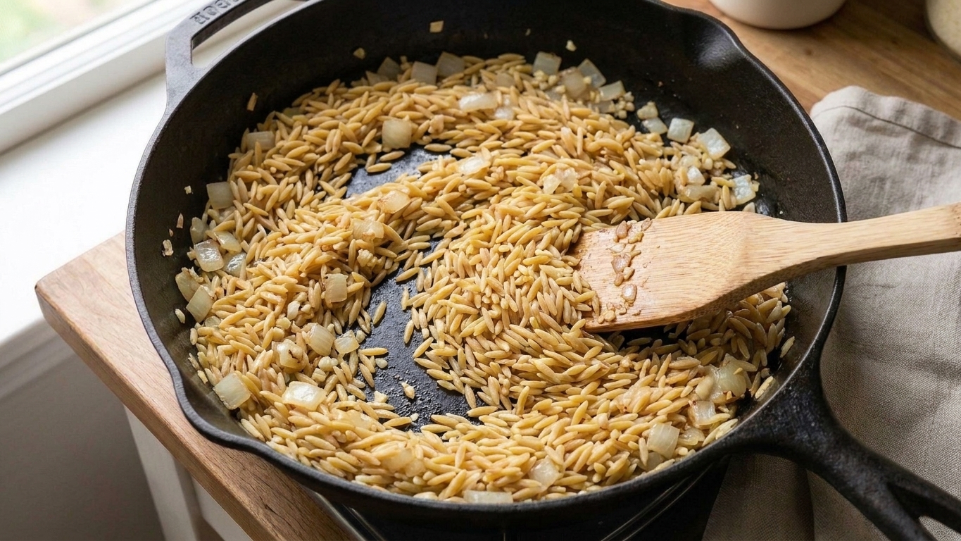 Dry orzo being stirred in a skillet with sautéed onions and garlic, lightly toasting