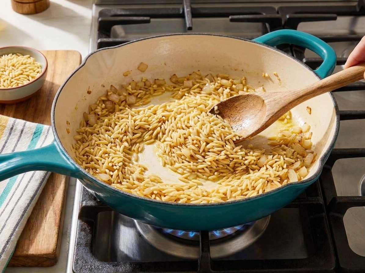 Dry orzo being stirred into sautéed onions and garlic in a skillet, lightly toasting before broth is added