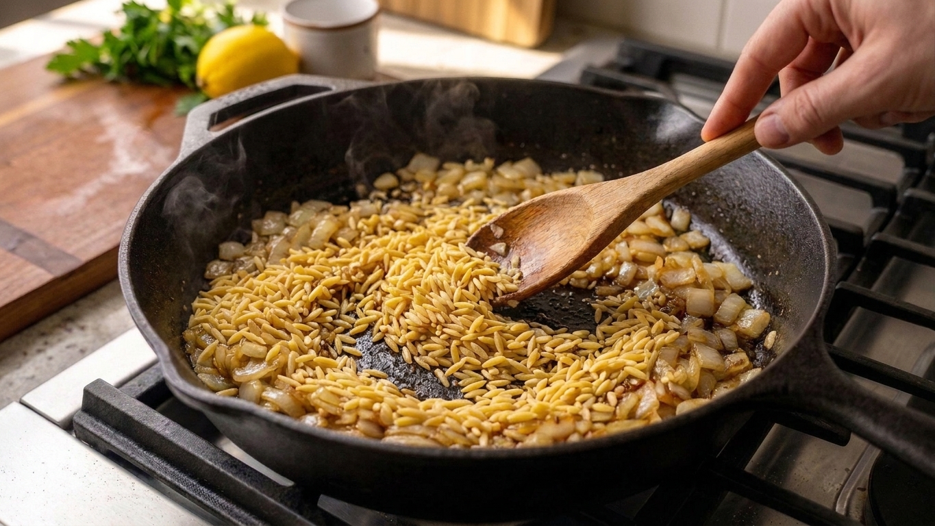 Dry orzo pasta being stirred in a skillet with onions and garlic, lightly toasting in the fat