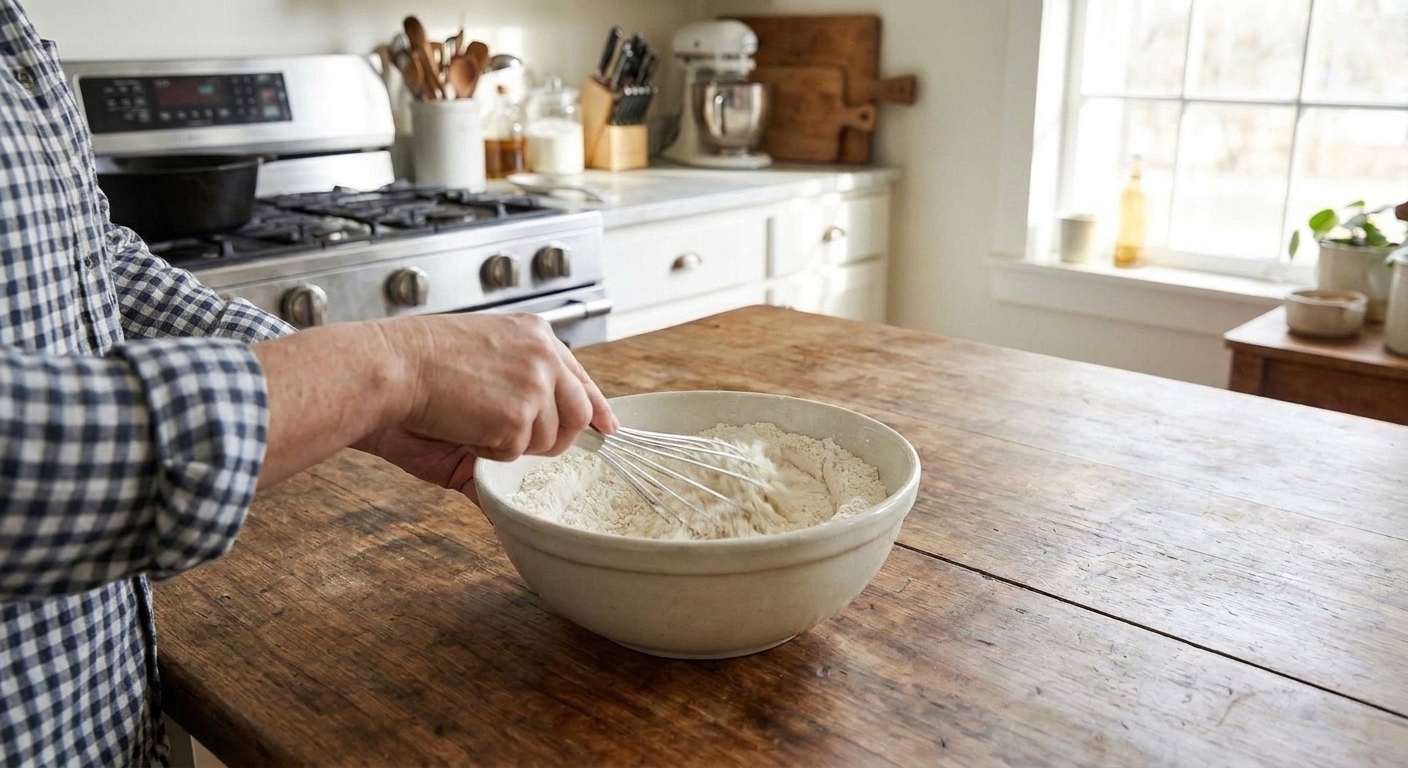 Dry pancake ingredients being whisked together in a large ceramic bowl on a kitchen counter
