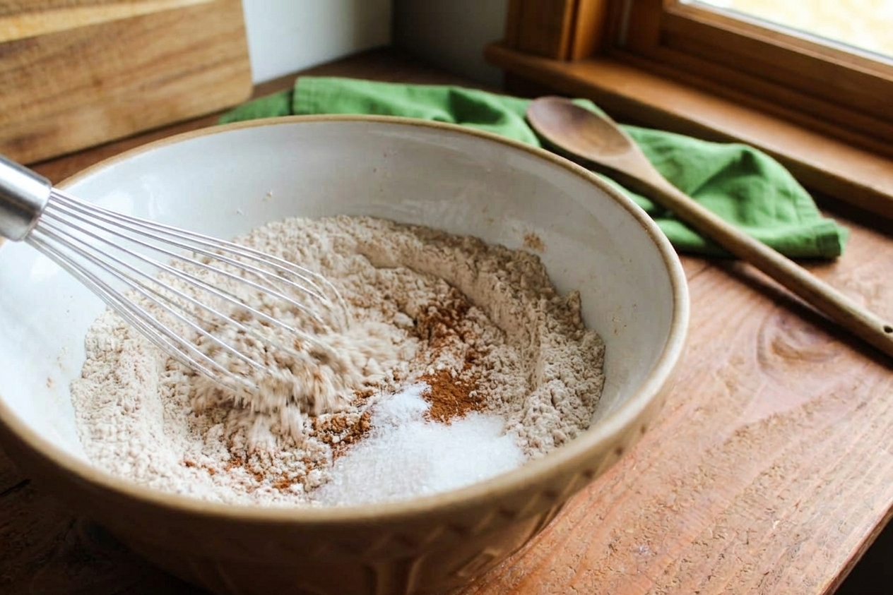Dry pancake mix ingredients being whisked together in a large mixing bowl on a kitchen counter