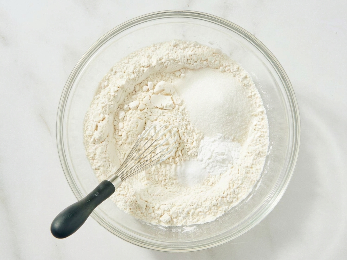 Dry pancake mix ingredients whisked together in a large bowl on a clean kitchen counter