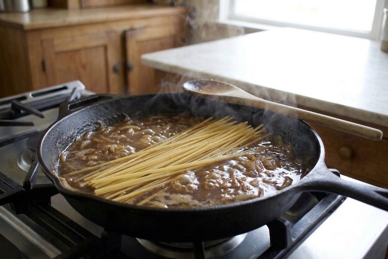 Dry pasta simmering in a skillet with onion broth and caramelized onions, bubbling gently as it cooks