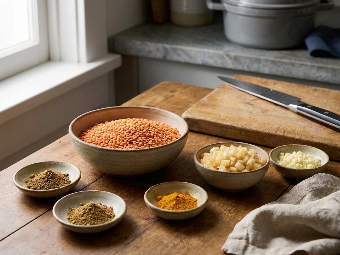 Dry red lentils, diced onion, minced garlic, and small bowls of spices arranged on a clean kitchen counter with warm natural light