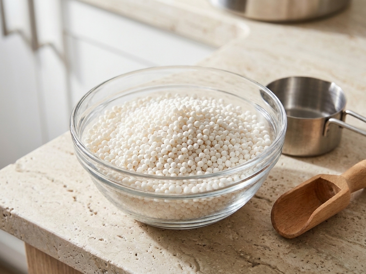 Dry small sago pearls measured in a glass bowl on a kitchen counter