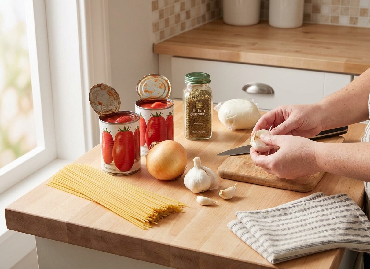 Dry spaghetti, canned tomatoes, onion, garlic, Italian seasoning, and mozzarella arranged on a tidy kitchen counter in consistent warm lighting