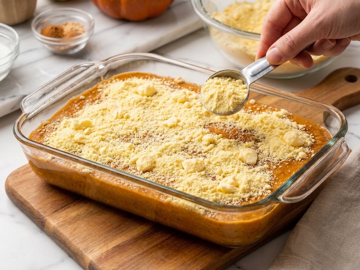 Dry yellow cake mix evenly sprinkled over a pan of pumpkin filling before baking