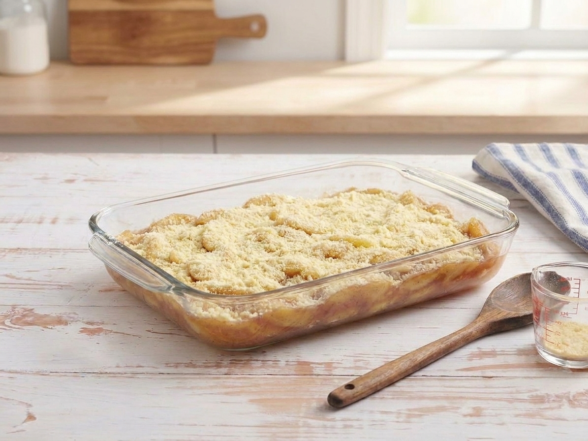 Dry yellow cake mix sprinkled evenly over apple pie filling in a baking dish before baking
