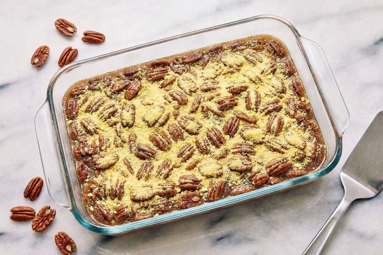 Dry yellow cake mix sprinkled evenly over pecan filling in a baking dish