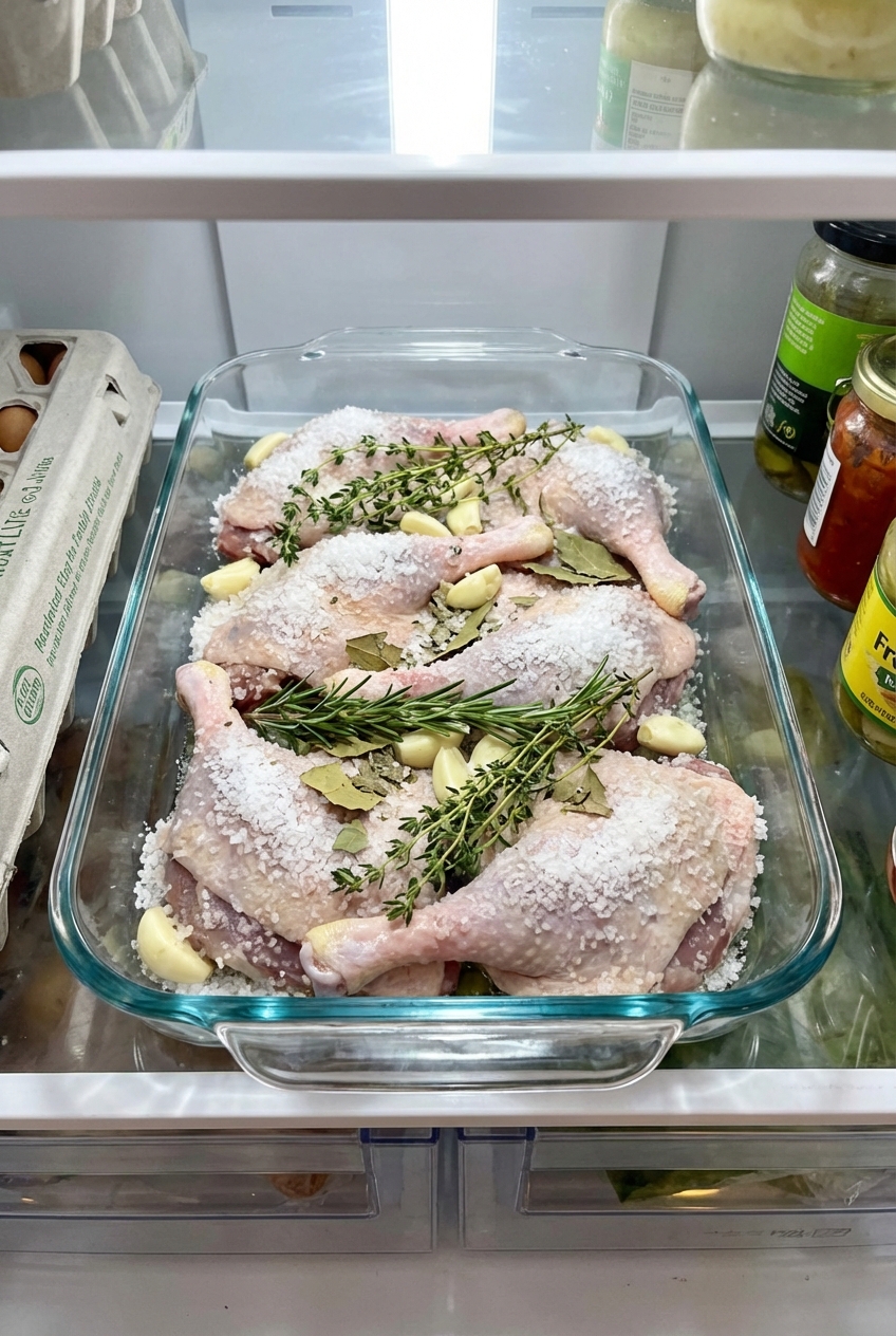 Duck legs curing in salt with herbs and garlic in a glass dish in a refrigerator