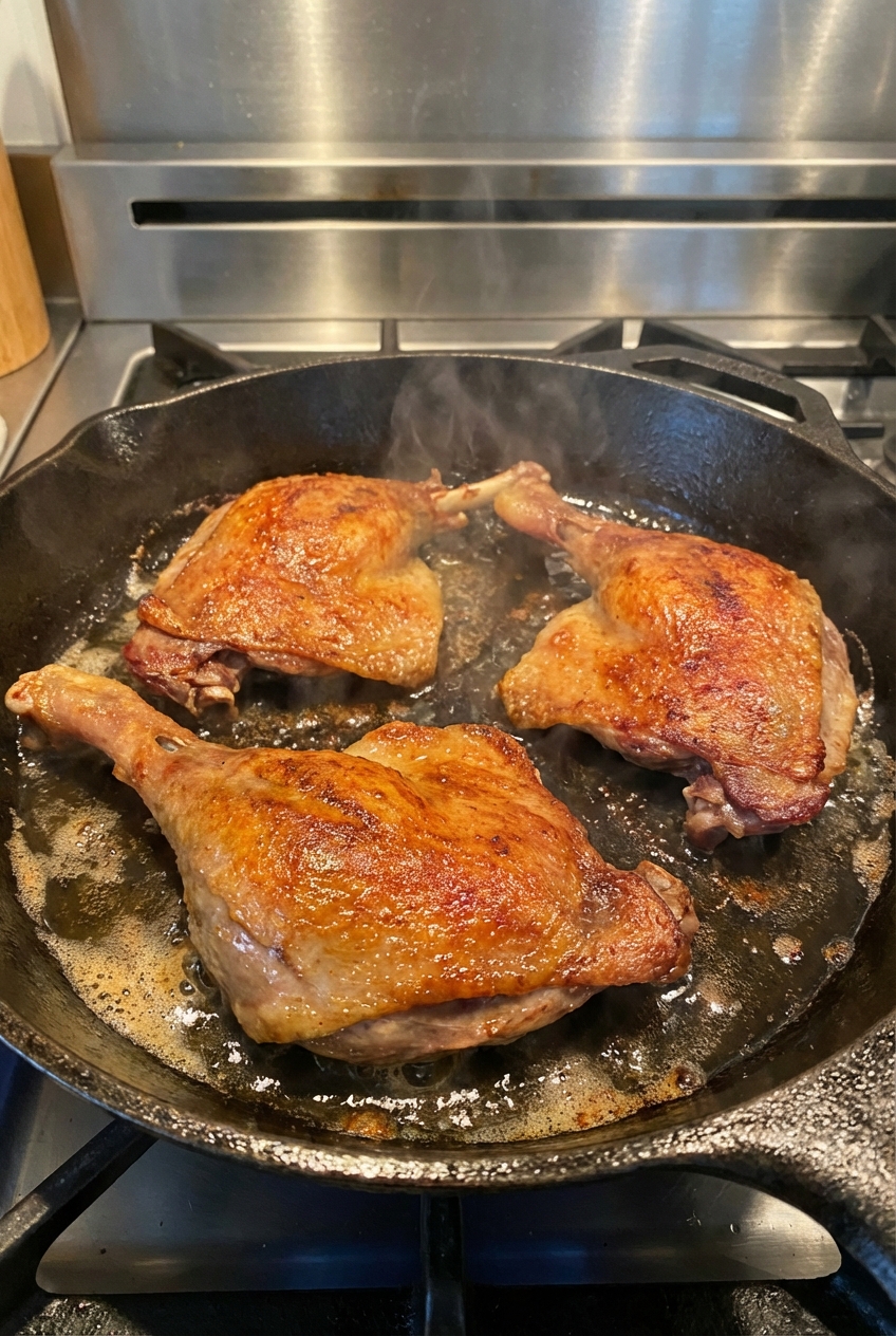 Duck legs skin-side down in a skillet as fat renders and the skin turns golden