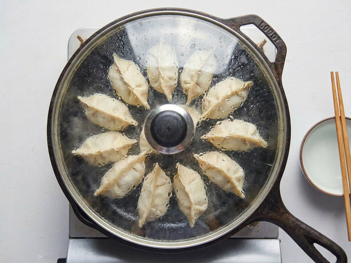 Dumplings steaming under a skillet lid as they cook, with condensation collecting on the lid