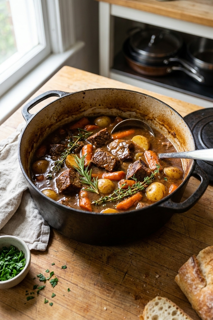 Dutch oven filled with beef stew with browned beef chunks, carrots, potatoes, and herbs in a glossy rich gravy on a wooden kitchen counter