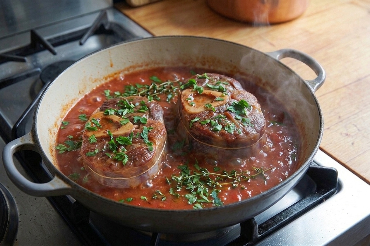Dutch oven with osso buco simmering in a tomato-wine sauce with herbs visible on the surface