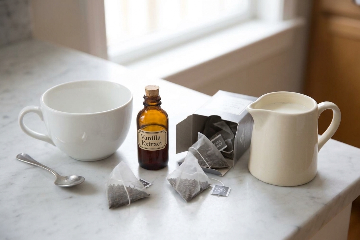 Earl Grey tea bags, a small bottle of vanilla extract, a mug, and a small pitcher of milk arranged on a kitchen counter in soft natural light