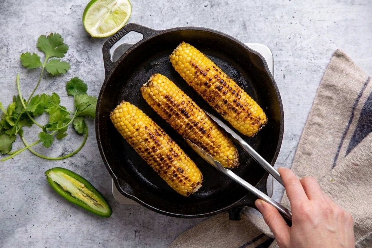 Ears of corn charring in a cast iron skillet on a stovetop with browned spots developing