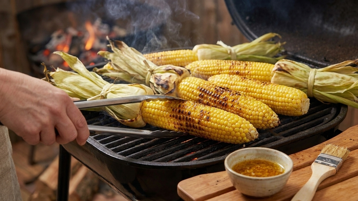 Ears of corn on the grill with visible char marks forming as they cook over open grates